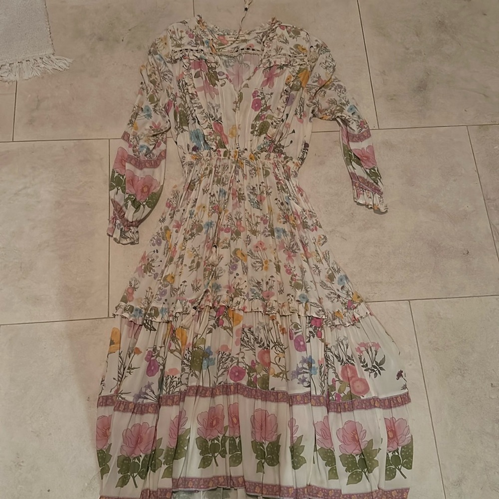 SPELL Floral Tiered Long Sleeve Maxi Dress - White with Pink & Green Floral